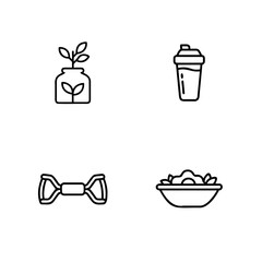 Four simple line icons representing healthy lifestyle elements plant shaker bottle roller salad