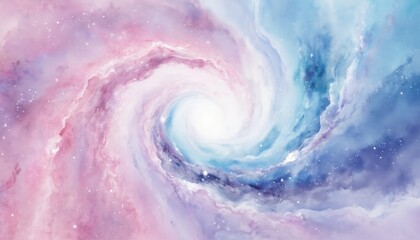 Abstract watercolor illustration features soft swirling pastel blues, pinks, purples resembling galaxy nebula. Dreamy, cosmic background with sparkling stars offers magical, serene, imaginative