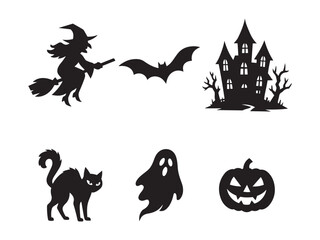 Halloween Silhouettes, Spooky Witch, Bat, Castle & More Vector Set