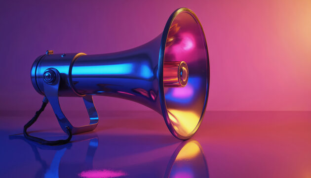 Metallic megaphone with vibrant neon lighting reflects on glossy surface. Futuristic device for announcements, broadcasting, communication. Modern technology for loud sound projection, messages, - Powered by Adobe