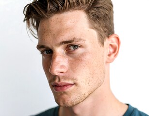 Fototapeta premium Close-up studio portrait of a handsome young man with a happy smile looking at the camera