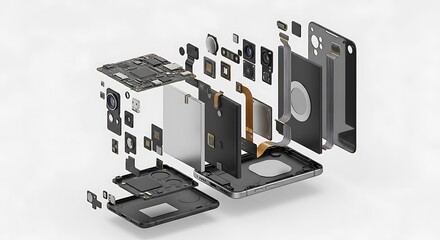 Exploded View of Modern Smartphone Components for Technology Innovation and Repair Concepts Displaying Battery Camera and Circuit Board