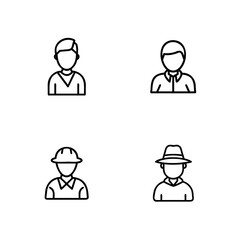 Four simple outline icons people wearing different hats shirts person male
