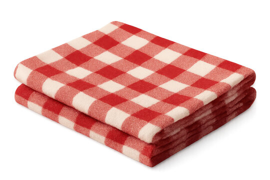 Folded red and white checkered picnic blanket on transparent background