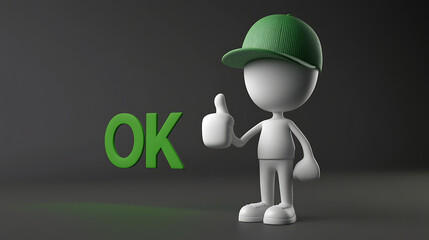 A white stick figure with a green baseball cap giving a thumbs up next to ok