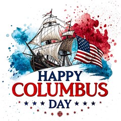 Happy columbus day with american flag ship and watercolor splash