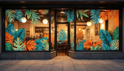 Restaurant window features stylishly adorned decorative stickers with vibrant tropical foliage. Eatery inviting ambiance amplified by trendy leaf patterns, warm interior lighting, creating chic,
