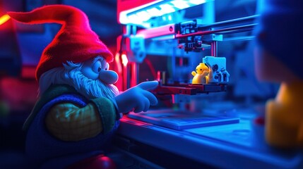 The Christmas gnome works with a 3D printer.
The Christmas gnome works with a 3D printer, creating a small yellow toy in a futuristic workshop with colorful neon lights.