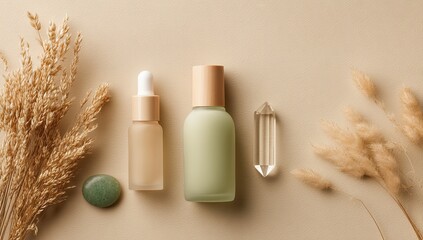 Natural skincare products arranged on a beige background with dried grasses and a crystal