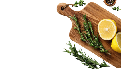 Wooden cutting board with lemons and rosemary. Fresh herbs and citrus fruit arranged on a light brown wooden board against a dark background