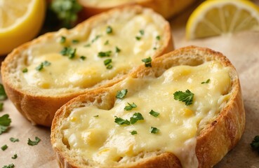 Warm cheesy garlic bread topped with melted cheese and fresh parsley sprigs. Golden toasted bread slices with savory garlic butter spread and bubbling cheese create a delicious comfort food.