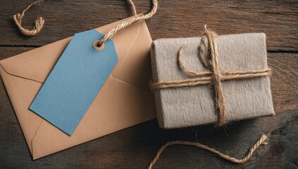 A kraft envelope and gift box on a rustic wooden table.  A muted blue tag is attached to the envelope.  Natural twine ties the package