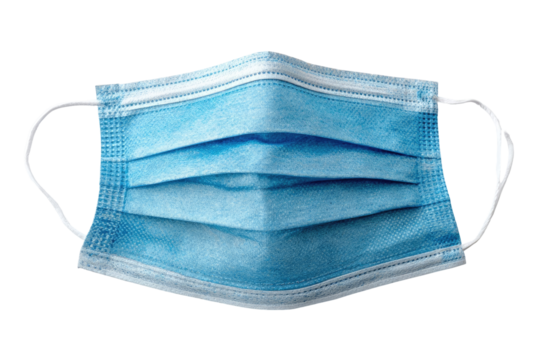 Light-blue disposable face mask.  Flatlay, top view.  Folded, pleated fabric.  Elastic ear loops.  Simple design.  Clean background