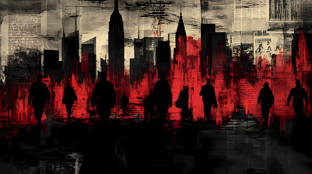 Urban dystopia abstract painting depicting silhouettes of people walking in a fiery city with a distressed texture, a dramatic and unsettling atmosphere
