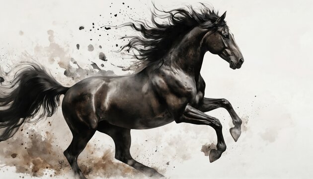 Ink art explosion features black horse galloping powerfully. Dynamic illustration captures equine energy with flowing mane and tail. Stylized drawing evokes speed and wild spirit on light background. - Powered by Adobe