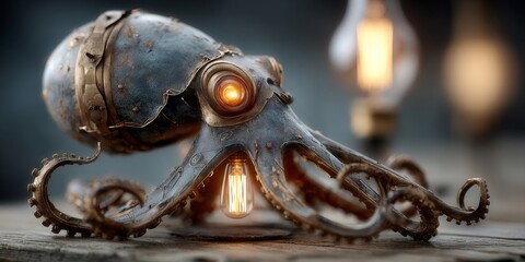 Fototapeta premium Steampunk octopus lamp illuminating workshop table
