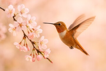Naklejka premium Rufous hummingbird approaching pink cherry blossoms in soft focus nature wildlife