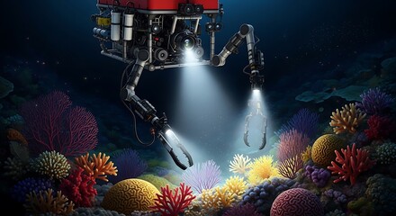 Underwater Exploration Robot Examining Vibrant Coral Reef Ecosystem with Bright Lights Discovering Ocean Depths and Marine Life
