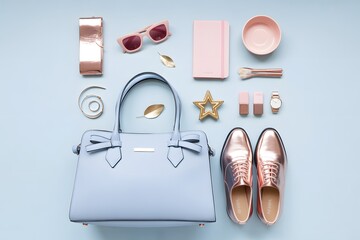Rose Gold Accessory Arrangement: A curated collection of rose gold accessories arranged on a soft background, a fashionable arrangement, showcasing style and design elements for fashion enthusiasts.