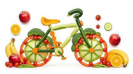A whimsical bicycle crafted from fresh produce encourages healthy eating and vibrant living. Perfect for nutrition campaigns, food blogs, or promoting a playful approach to wellness.
