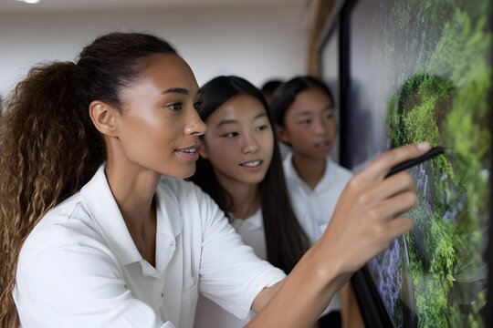 Educator assists students using interactive display in classroom setting Generative AI