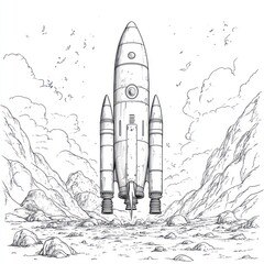 Obraz premium A powerful rocket ascends from rocky terrain surrounded by clouds and mountains