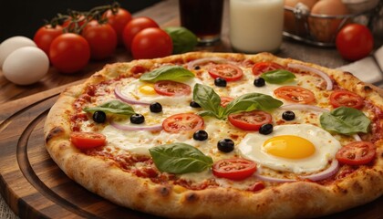 Delicious pizza topped with fresh tomatoes, melted cheese, basil leaves, olives, fried egg. Italian-style dish features golden crust, savory tomato sauce, perfect for lunch, dinner, breakfast meals.