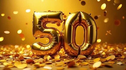 Golden 50th anniversary celebration with falling confetti for milestone success and festive cheer