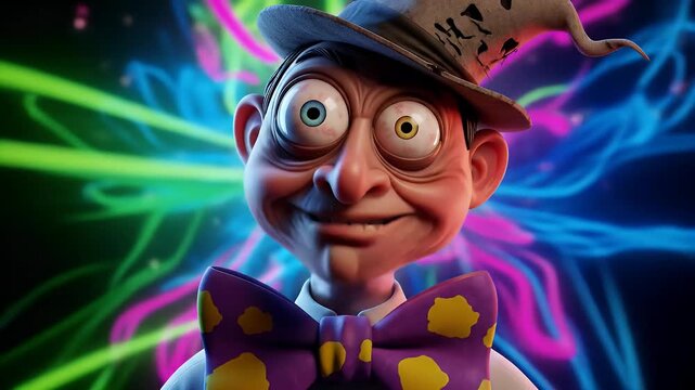 Close-up of ugly cartoon character with comical face and bowtie, suitable for humorous storytelling