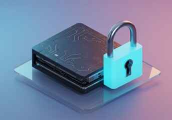 Conceptual 3D rendering of digital security and data protection with a padlock securing digital devices.