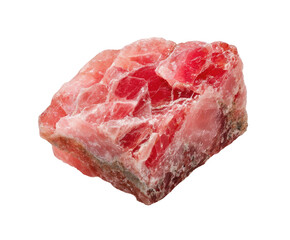 Close-up of a raw, vibrant pink crystal.  Rough, irregular facets.  Solid, opaque mineral.  Isolated on black background
