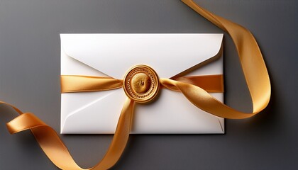 elegant white envelope with golden ribbon and wax seal for formal invitation