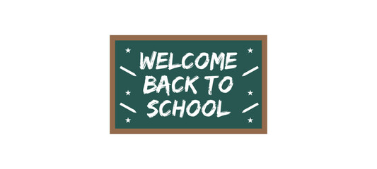 Well come back to school, Cheerful cartoon pencil welcomes students back to school blackboard.