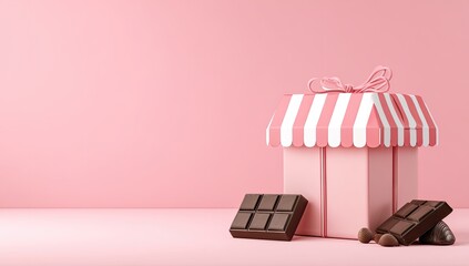 Pink gift box shaped like a shop, with a striped awning, sits on a pink surface next to chocolate bars and nuts