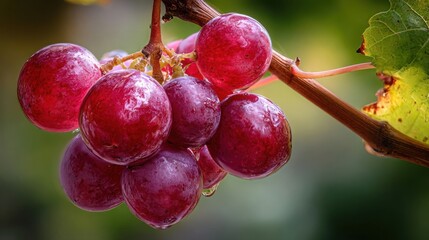 Close up of a cluster of ripe juicy red grapes hanging from a vine with a blurred green background