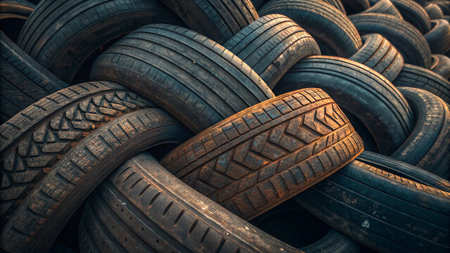 Close-up of a large pile of old, used car tires