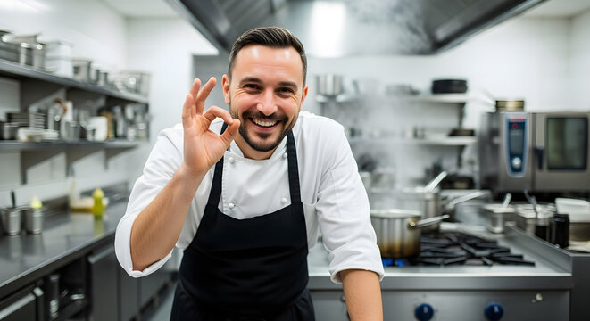 Confident chef making okay sign in professional kitchen environment with steam rising from pot, perfect for culinary blogs or restaurant marketing materials
