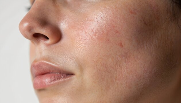 Close-up of human skin showing effects of high sugar consumption. Visible wrinkles and dull complexion with blemishes and rough surface texture, indicating ageing. Diet and skincare concerns.
