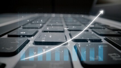 A conceptual image showing a keyboard overlayed with a rising graph and various currency symbols, illustrating financial growth and data analytics in a modern digital environment. Copula