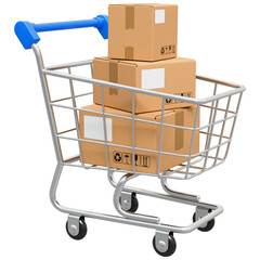 Shopping trolley cart with cardboard delivery boxes. 3D render of chrome metal pushcart with parcel boxes. Advertising, delivery, shopping online concept. Isolated on white background © Pagina