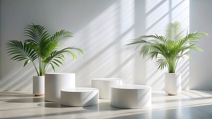 Fototapeta premium Indoor plants and minimalist white display stands in a bright room with sunlight