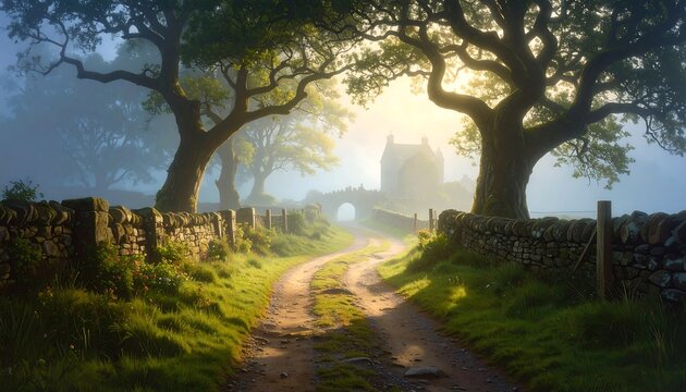 A sun-drenched path through a misty landscape