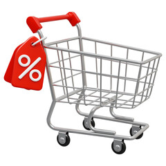 Empty shopping trolley cart with percentage tag. 3D render of metal supermarket pushcart for purchase. Sale and discount promotion, advertising concept. Isolated on white. Illustration