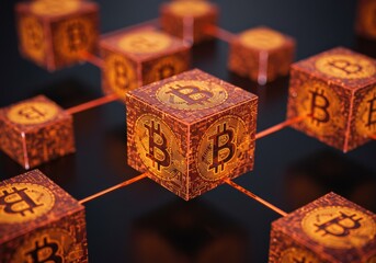 Bitcoin cubes interconnected by orange lines represent blockchain technology and digital currency.