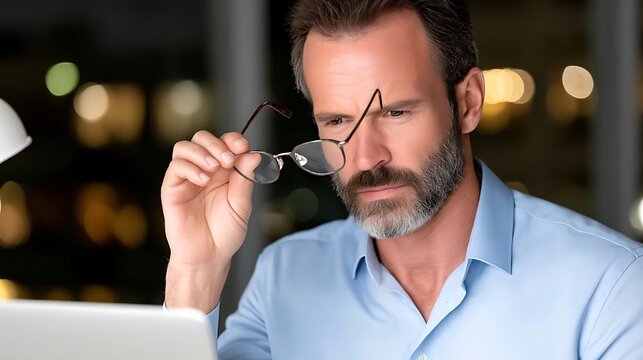 Focused man using laptop with glasses at night in modern office environment - Powered by Adobe