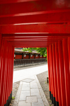 Red torii pathway at Kitano Tenmangu Shrine in Kyoto