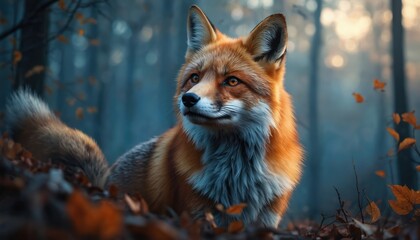 Red fox in autumn forest. Close up portrait of wild animal. Furry mammal, predator with sharp eyes sits alert. Nature, wilderness habitat with fallen leaves. Background soft focus.