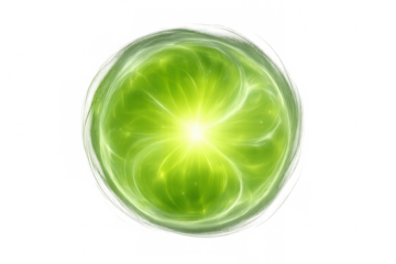 Luminous green energy orb emitting radiant core, pulsing with vibrant power against transparent backdrop