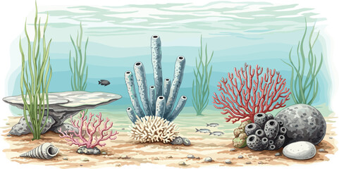 Watercolor seabed landscape with delicate seaweeds, plants, coral reef, sea sponges and small fishes. Panoramic hand drawn marine border for your design wallpaper, background