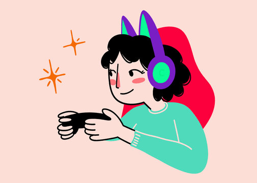 Girl enjoying video games with cat ears headphones